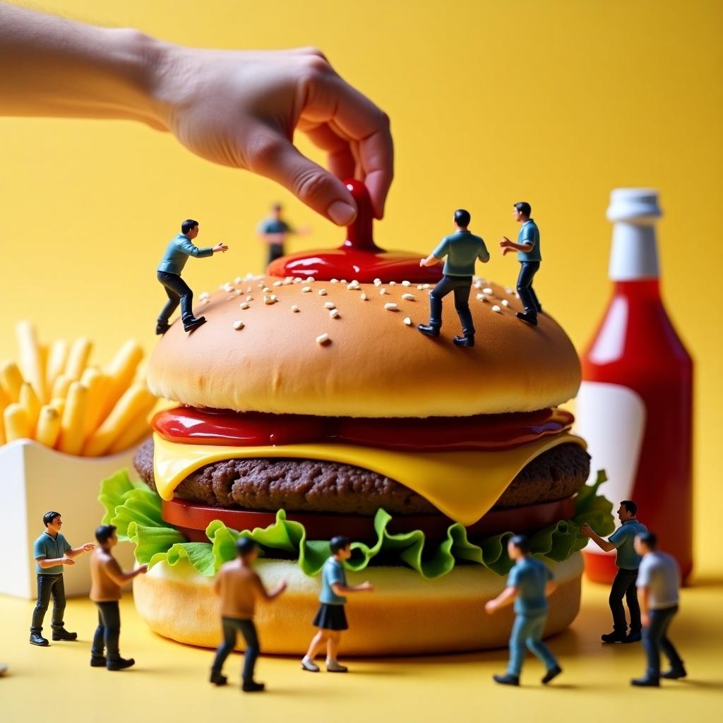 Miniature figures surround a giant hamburger. A hand adds ketchup on top of the bun. Figures stand on the bun looking at the ketchup or working around it. Containers of fries and ketchup bottle are in the background.