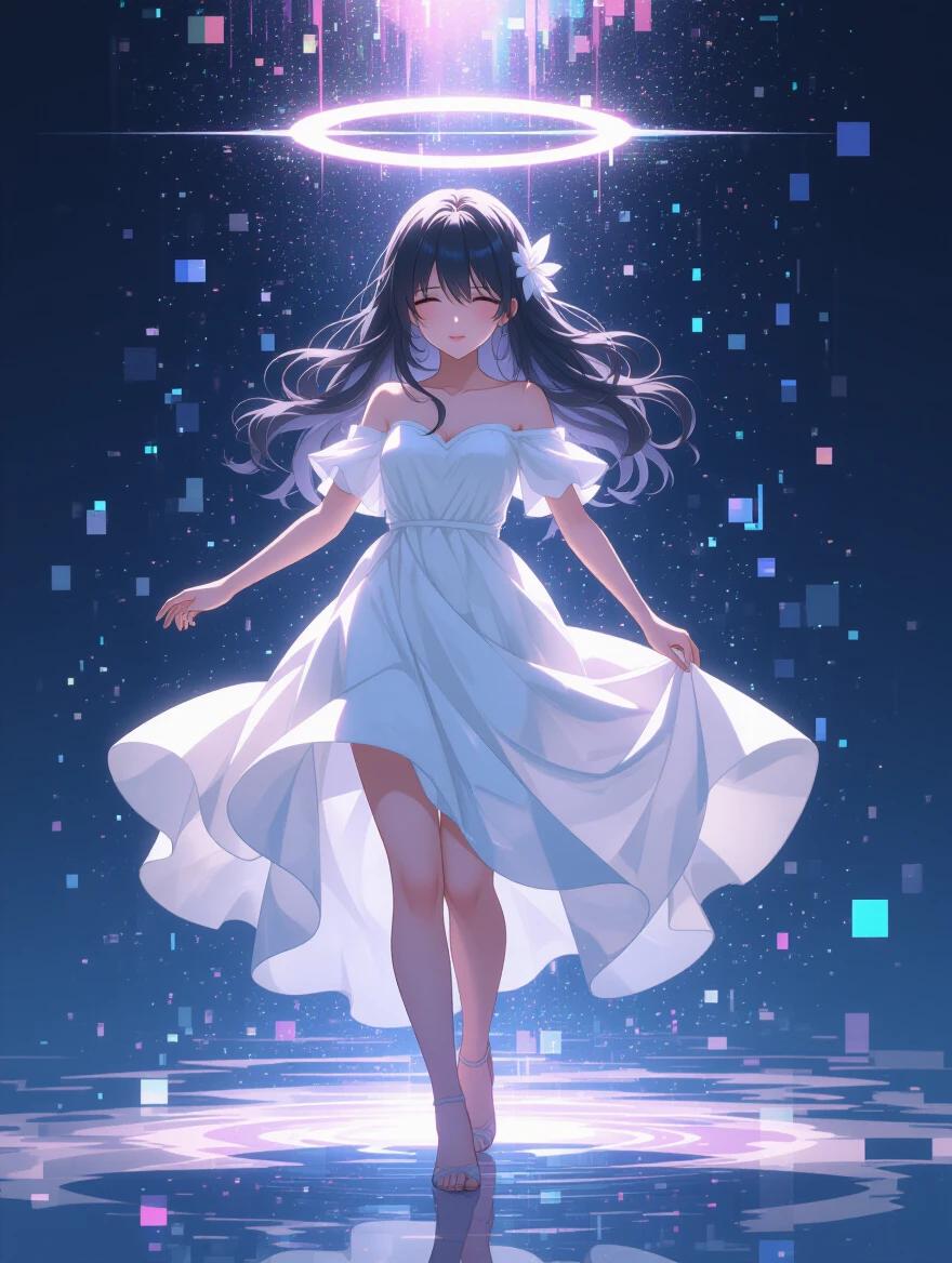 Anime girl wearing a flowing white dress dances alone in a dreamlike space. A glowing halo hovers above her head. The background features glitch art distortion with pixel fragments. Soft backlight creates a melancholic tone. Floating particles enhance the ethereal atmosphere.