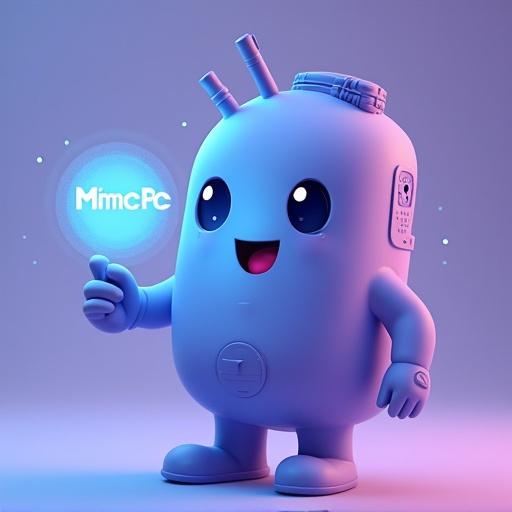 A cute mascot character representing MimicPC. Character has a soft abstract shape featuring a friendly face. The color gradient transitions from blue to purple. Character's head includes elements like a microphone a camera and a stylus. It holds a glowing hologram displaying the text 'MimicPC'. The artwork follows vector art style with a 2D flat clean background.