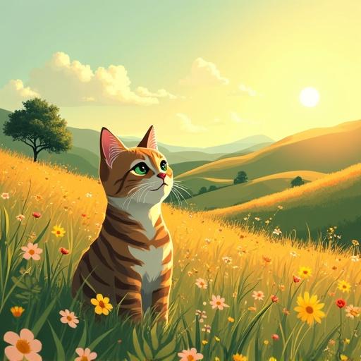 Serene sunlit meadow in Italian countryside with tabby cat and wildflowers. Afternoon sun creates long shadows across hills. Illustration style inspired by children's books and woodcut aesthetics. Nostalgic charm through film palette and lens style.
