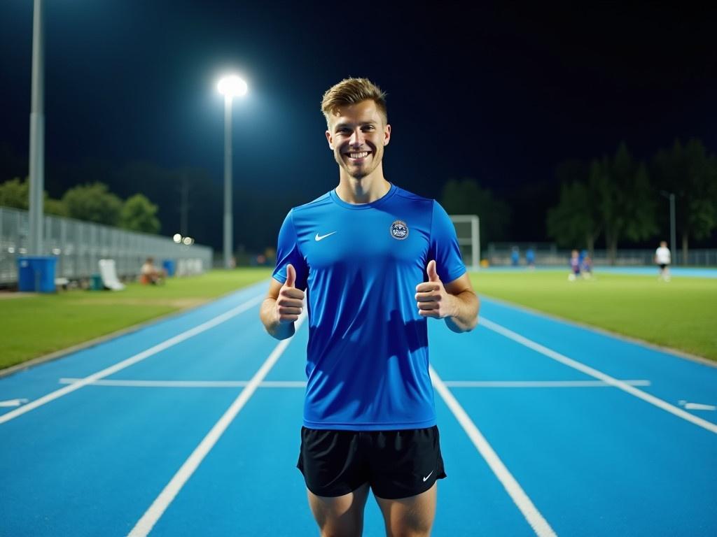 A young, robust man, approximately 34 years old, stands confidently on a blue athletic track illuminated by bright stadium lights at night. He is wearing a blue athletic shirt with a logo, black running shorts, and black running shoes. He has a thumbs-up gesture, indicating enthusiasm. The background shows a well-maintained athletic facility with green areas and other athletes in the distance. The vibrant colors of his outfit and the track create a lively atmosphere, perfectly capturing the energy of nighttime sports.