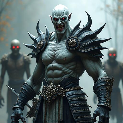 Create muscular vampire with red eyes and sharp teeth wearing grey samurai armor full of spikes. Includes claws on left gauntlet and helmet. Vampire carries sharp sword. Behind are two strong zombies with red eyes.