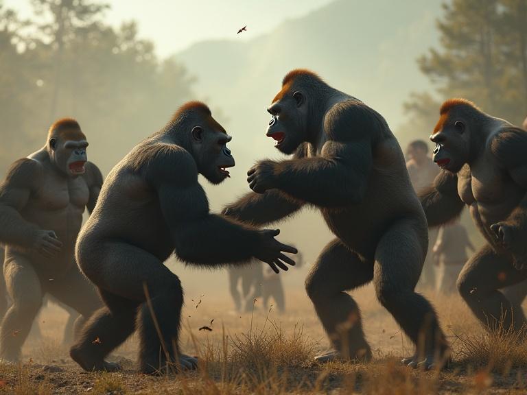 Two muscular gorillas engage in a fierce confrontation surrounded by other gorillas. Background features a blurred landscape with soft lighting highlighting the action. The scene conveys chaos and intensity in a cinematic style.
