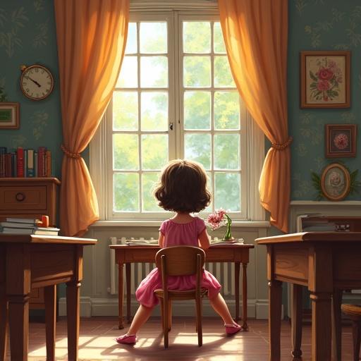 A girl is seated in a classroom looking towards a bright window. She has a soft hairstyle and is wearing a pink dress. Desks and a cozy environment create a nostalgic atmosphere. Sunlight filters through the curtains, illuminating the space.