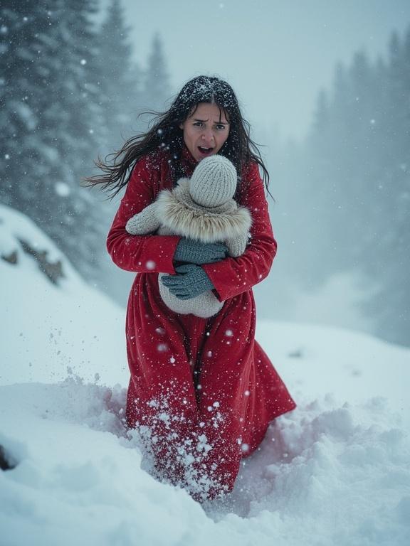 A mother in a crimson red dress runs through a snowstorm. Frantic eyes wide with fear. Baby clutched tightly. An avalanche roars behind her. Snow cascades down the mountain. The sky is dark grey. Swirling snow fills the air.