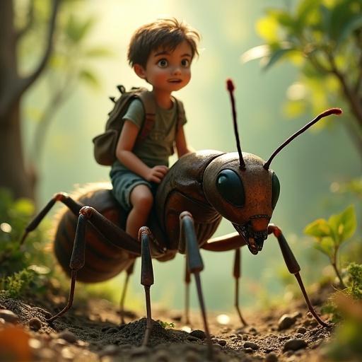 An adventurous boy rides on the back of a giant ant. The ant has a shiny exoskeleton and powerful legs. They travel through a miniature forest with huge leaves and branches. The boy holds a strap on the ant's back. Sunlight filters through the trees, creating magical light beams. The scene conveys fantasy and adventure from a tiny perspective.