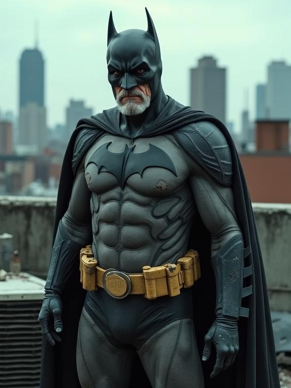 Retired Batman stands on a rooftop. He has gray stubble and a wrinkled face. Wears a tattered Batsuit with holes. His utility belt is empty except for a flask. Slightly hunched over. Filmed in a gritty urban environment. Daylight on a rooftop in a Gotham-like city. Broken AC unit nearby.