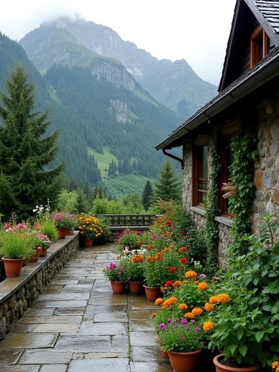 The image shows a stone terrace with colorful flower pots. Mountains rise in the background, creating a serene and tranquil atmosphere. The scene is lush with greenery and flowers. The setting is cozy and natural.