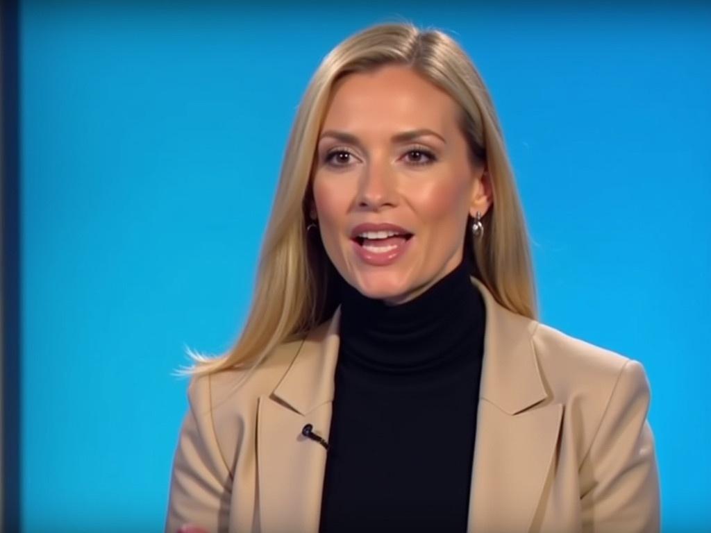 In this image, a woman is captured mid-speech, conveying a message with intensity. Her long, blonde hair frames her face elegantly, despite her features being obscured. She is wearing a black turtleneck sweater underneath a light beige blazer, suggesting a professional and fashionable appearance. The background consists of a vibrant blue color, creating a dynamic contrast with her attire. The focus is on her body language and posture, which exude confidence and poise.