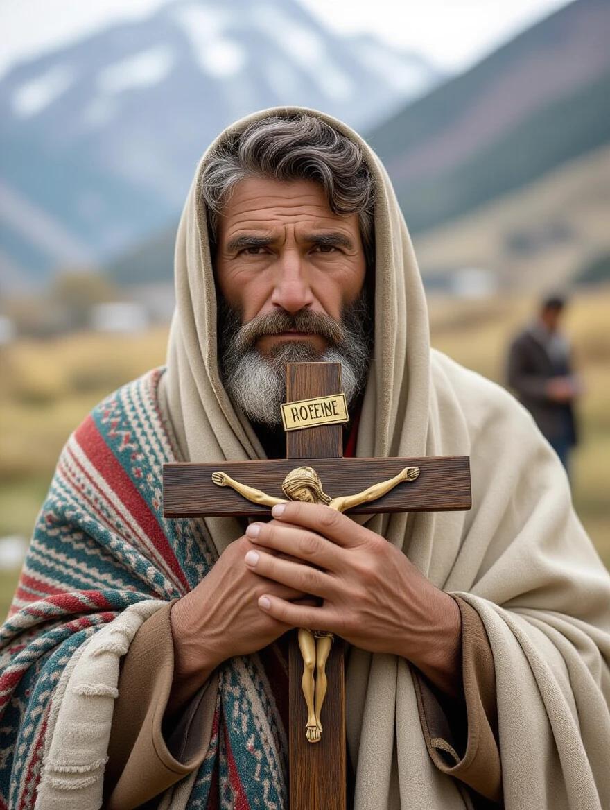 San Lorenzo gazes at the camera emanating a serene expression. His hands clasp the crucifix passionately. The natural landscape fills the background with a sense of peace.