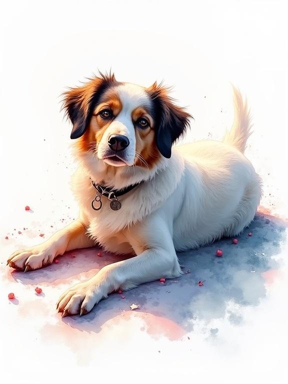 Dog in a lay-down position painted in watercolor. Artwork combines elements of soft style and dynamic white space. Showcases intricate details using expressive strokes and delicate colors. Lightly colored background enhances the main subject.
