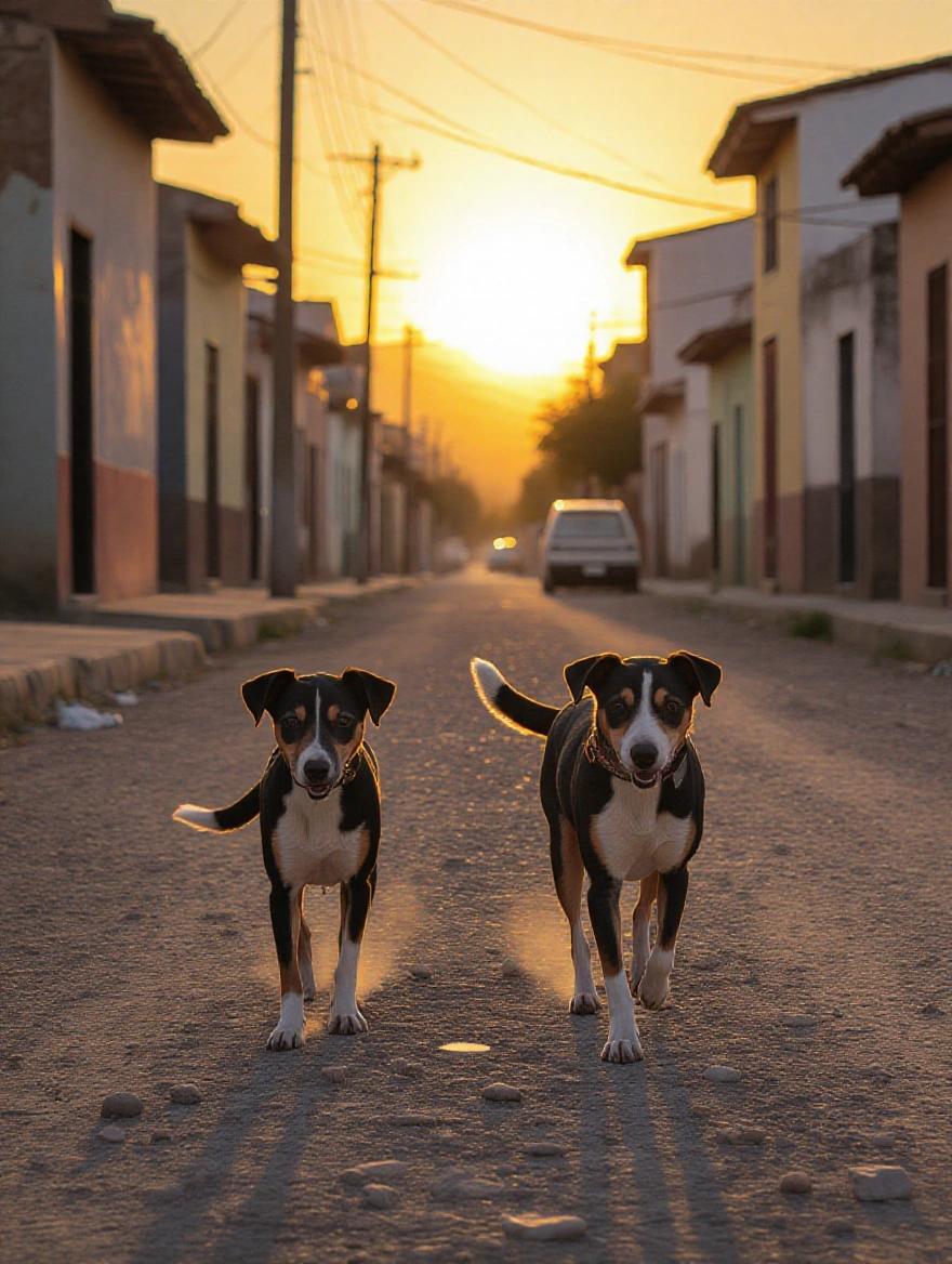 Two stray dogs walk through a dusty street in a Latin American city at sunset. Dogs look hungry and tired. The scene is photorealistic.