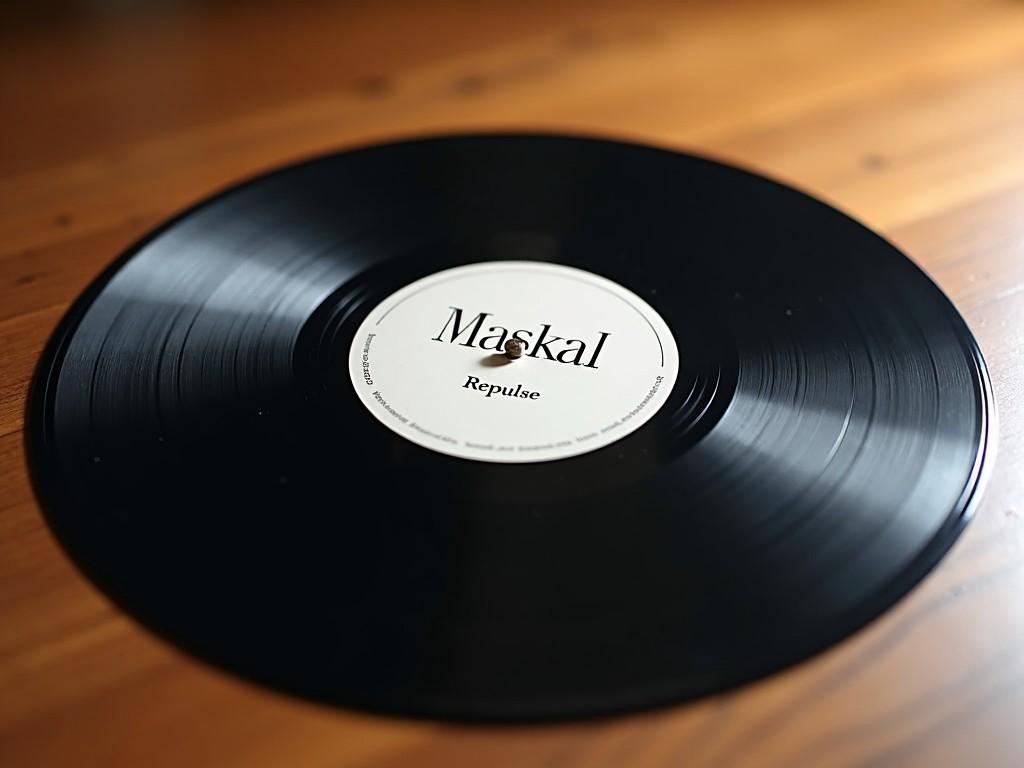 This image features a plain black vinyl record displayed at an angle. The record has a centered label on which is written 'Maskal' followed by the track name 'Repulse'. The record rests on a warm wooden surface, enhancing its aesthetic appeal. The lighting is soft, creating a cozy atmosphere. The focus is on the record, showcasing its smooth surface and the detailed label.