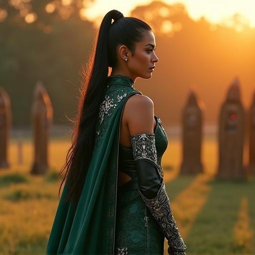 A poised female scout stands in a fantasy training ground at sunset. She wears a fitted enchanted leather armor in emerald green and black. Silver filigree and leaf motifs accent her outfit. Long black hair is in a high ponytail. A cloak with ancient runes drapes from her shoulders. A silver brooch clasps the cloak. She exudes confidence and calm. A finely crafted shortbow rests at her side. The scene captures the essence of quiet strength and grace. Long shadows are cast by training targets in the golden hour light.