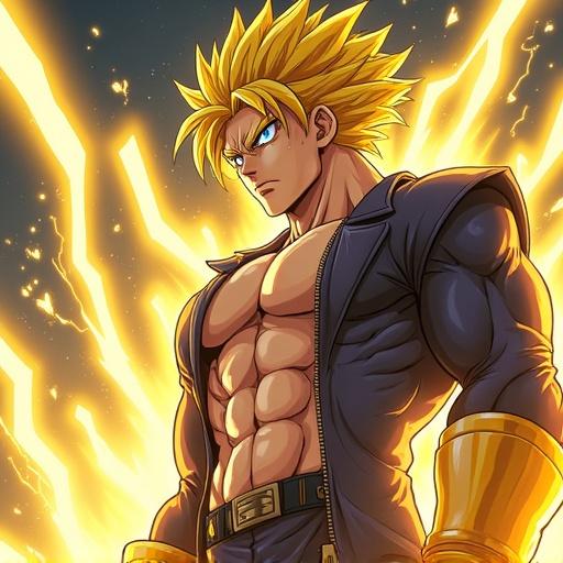 Image of an anime character with spiky golden hair and blue eyes standing confidently in a dynamic pose. Surrounded by yellow lightning, the character displays a strong and determined expression.