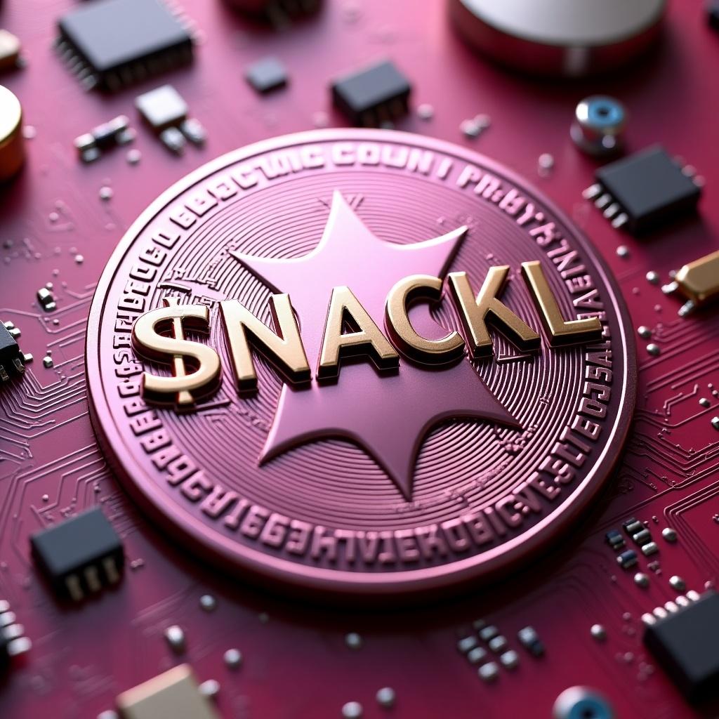 Digital shiny diamond coin on a pink motherboard. The cryptocurrency coin features the bold 3D text '$NACKL'. The design is intricate with technological details. Focus on the vibrant colors and textures of the coin and motherboard.