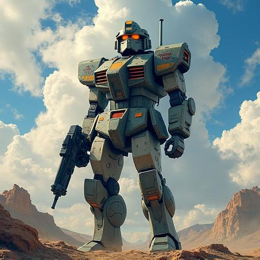 A realistic depiction of a mechanical samurai in a dramatic landscape. A towering robot with a firearm stands against a cloudy sky in a rugged terrain. Focus on the details of the robot's armor and design.