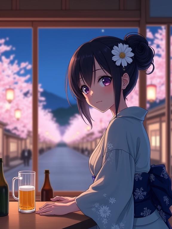 Anime woman with dark updo hair adorned with a white flower. Light purple eyes showing a gentle expression. Dressed in a grey-blue kimono with white floral patterns. Leaning on a wooden counter. Nighttime view of Japanese townhouses with blooming cherry blossoms outside. Lanterns illuminating the scene.