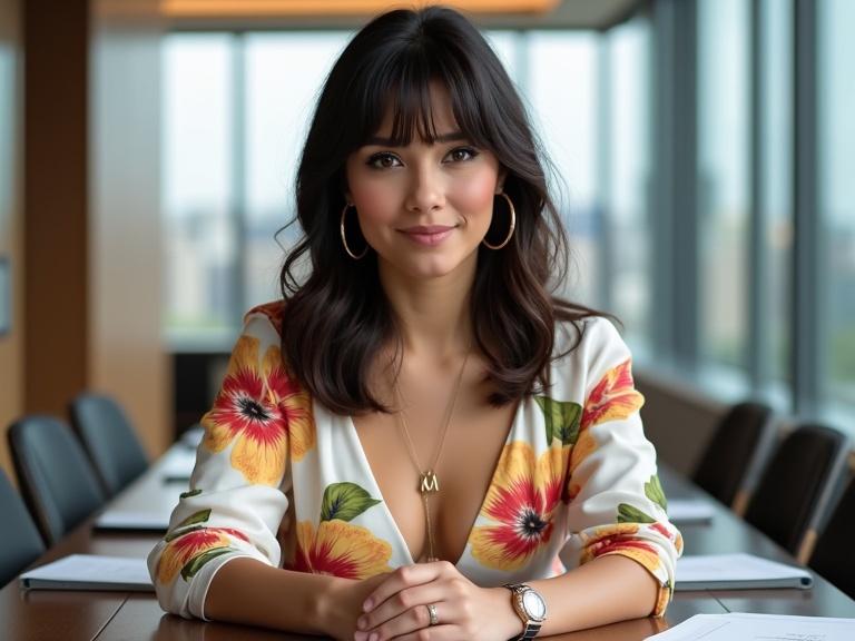 A professional Mexican woman with fair skin and shoulder-length dark brown hair. She has bangs framing her face and wears hoop earrings. Her floral midi dress has a plunging neckline with bright prints. A modern watch and a necklace with the letter 'M' are part of her attire. She is seated at a conference table with documents and a laptop. Her expression is calm and the setting shows a skyline through large windows.