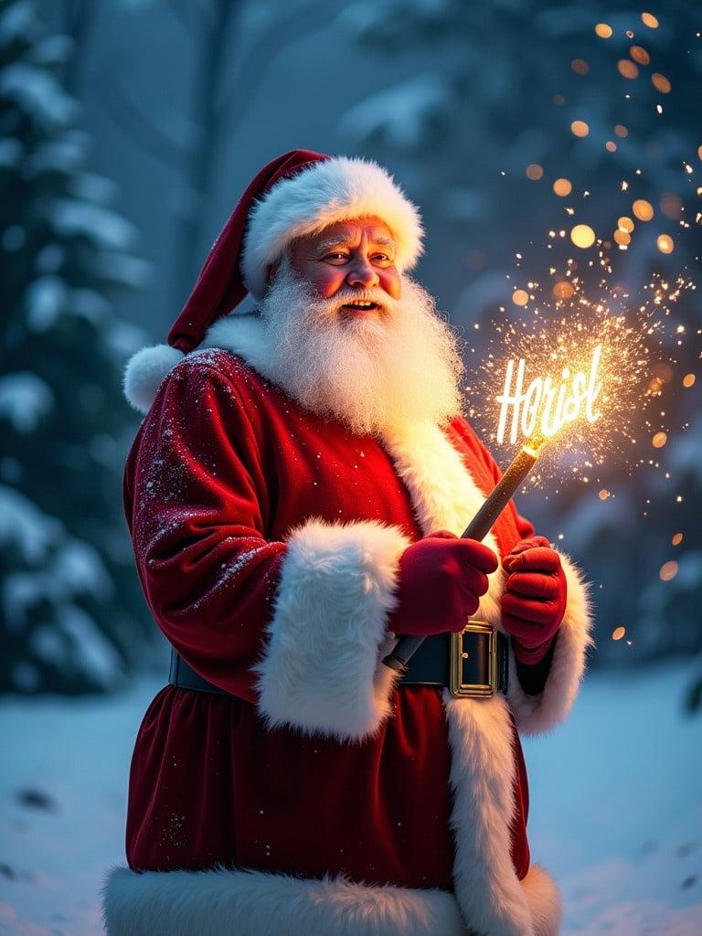 Jolly Santa Claus stands in snowy landscape. He holds a magical wand shining with sparkles that form the name Harish. Santa wears a red suit with white fur trim and a hat. Background features snowy scene with evergreen trees and a starry night sky. Atmosphere is festive and magical.