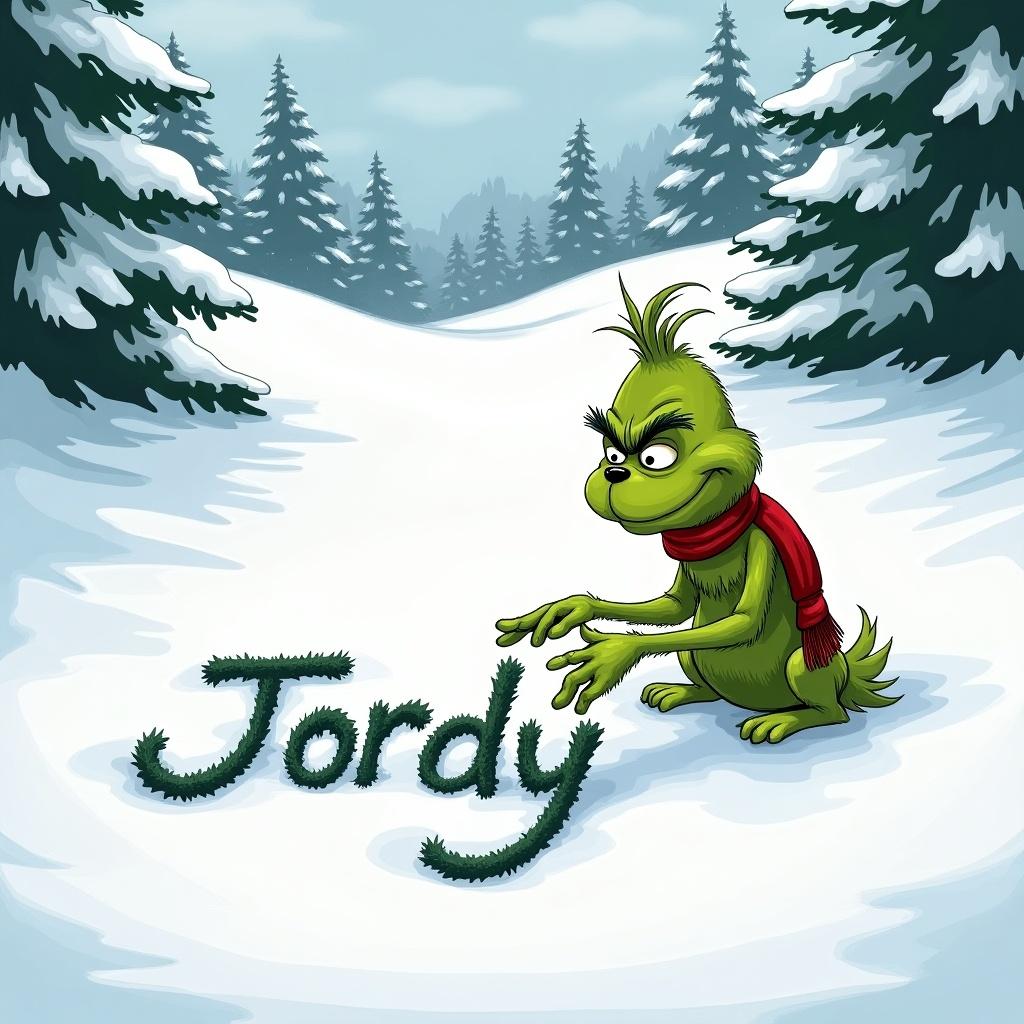 The Grinch writes the name Jordy in snow. Scene includes snow-covered hills and evergreen trees. The Grinch is green and wears a red scarf.