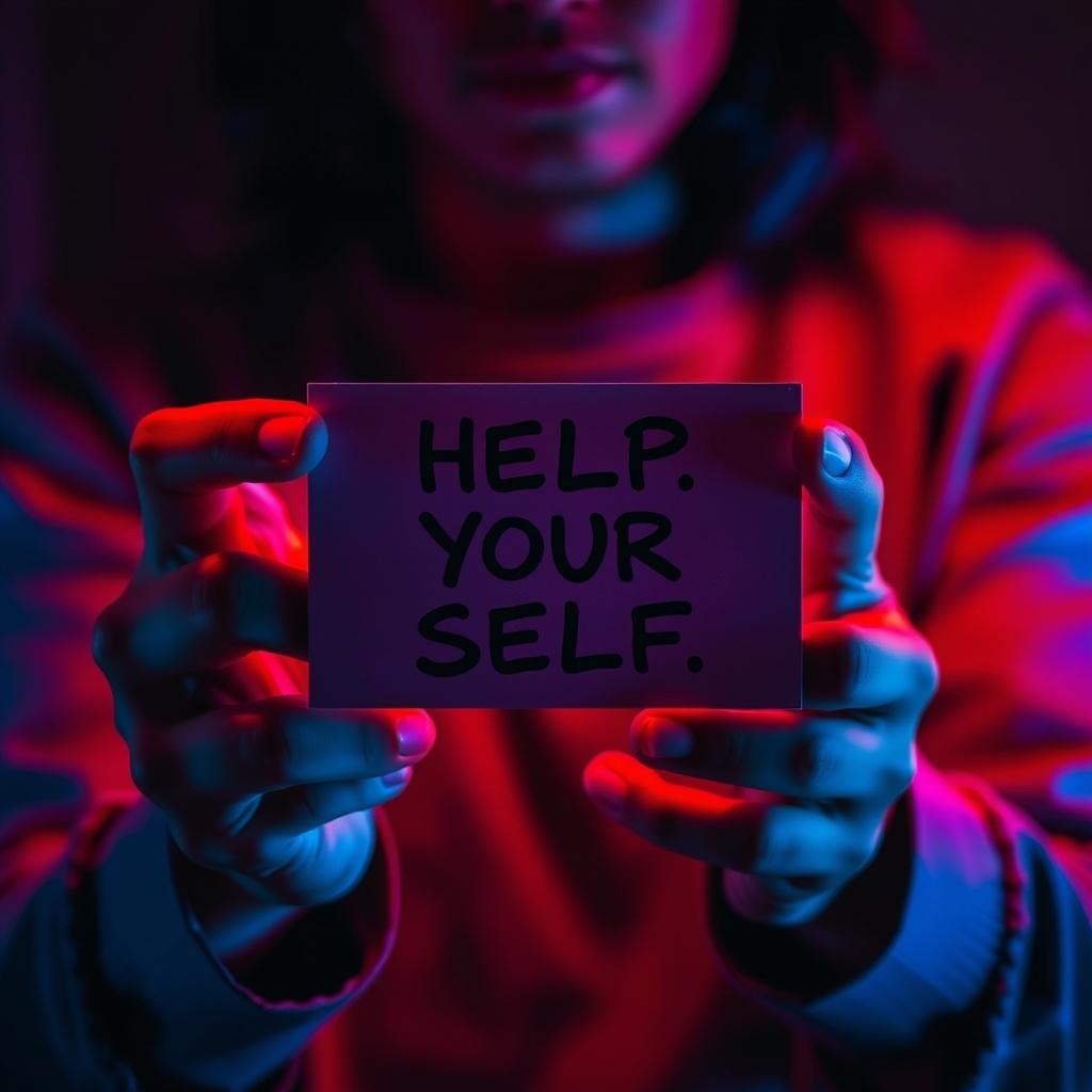 A person holds a card with the words 'HELP. YOURSELF.' illuminated by vibrant pink and blue lighting.