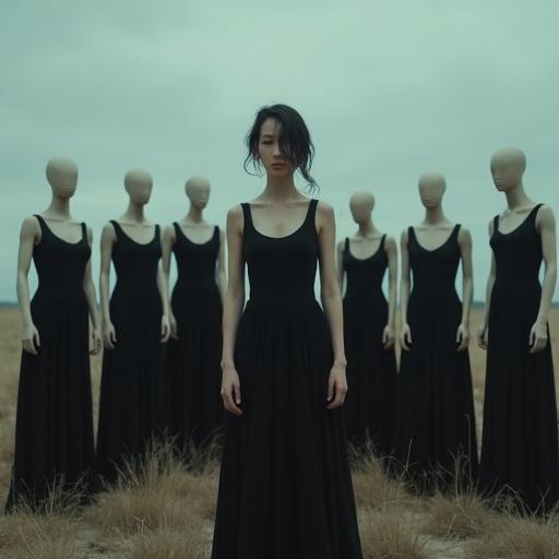 Create a surreal scene in an open field with muted sky. Focus on a woman among mannequins in black dresses. Themes of isolation identity transformation.