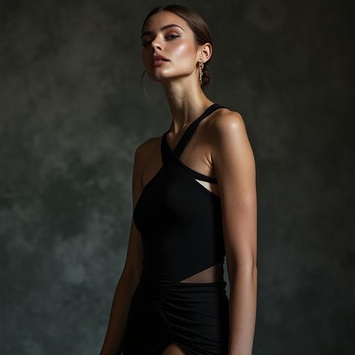 Editorial photo featuring a female model in a designer dress with dramatic lighting and a moody background shot with Canon EOS R5.