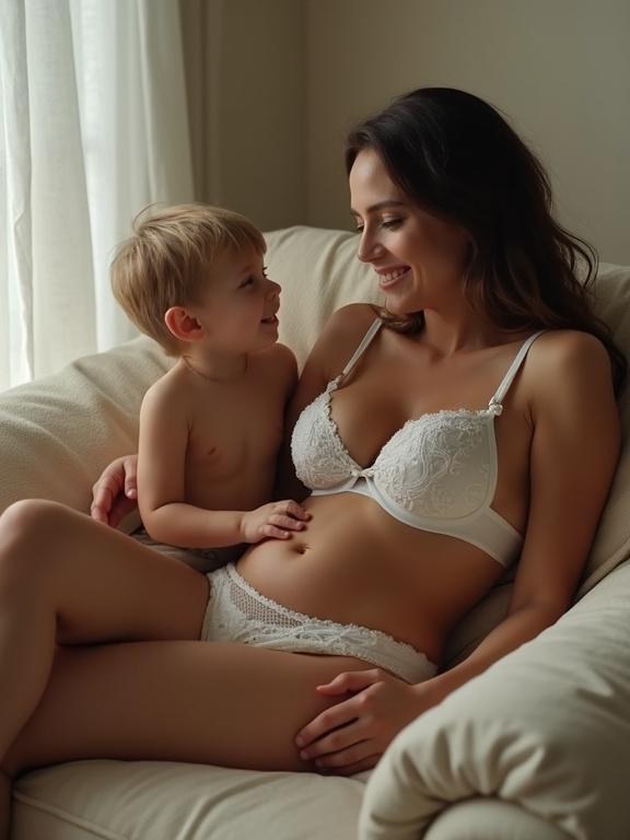 Mother smiles at her son on a sofa. Boy sits beside her. Both are in relaxed poses. Mother wears lace bra and panties. The setting has natural light with a soft atmosphere. Images appear low resolution and slightly over-saturated. The aesthetic feels unpolished.