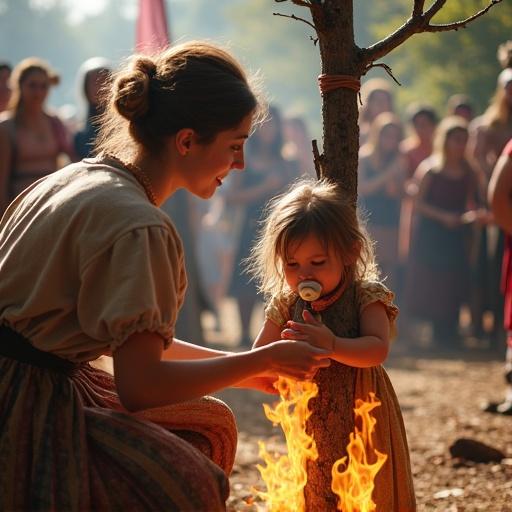 Mother playfully ties daughter to a pole at a historical festival. Surrounding branches and logs create an outdoor scene. A fake fire burns under the child. The daughter wears an oversized pacifier. Bright atmosphere with many people in the background.