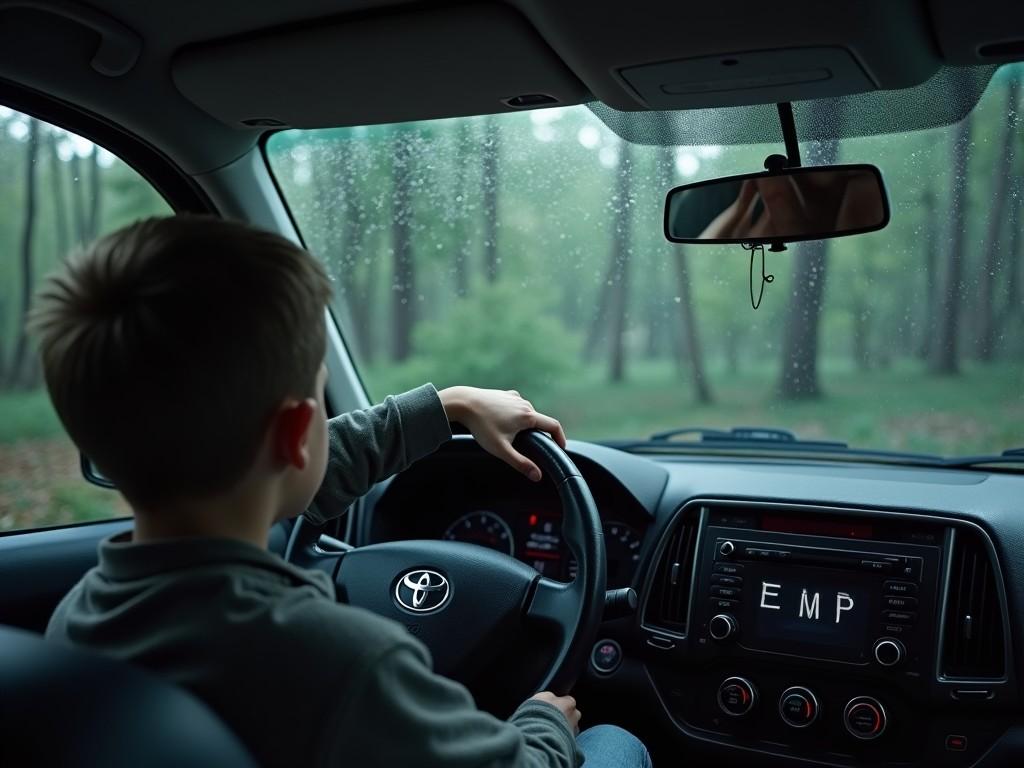 A young boy sitting in the driver's seat of a car with the dashboard displaying 'EMP' on the screen, surrounded by a forest scene.