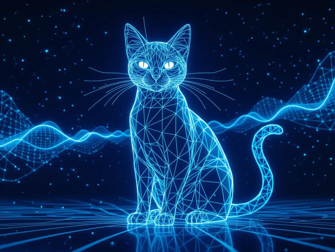 A 3D rendered wireframe cat is composed of glowing blue lines. The cat floats in a cosmic background. The anatomical structure is revealed in a mesh pattern with pulsing energy. Lightning travels along the edges. The eyes are glowing orbs that project light. Data streams flow through the bones. Whiskers appear as laser beams. The colors shift between cyan and electric purple. The lighting effects include subsurface scattering and dramatic rim lighting. It is shot from a low angle.