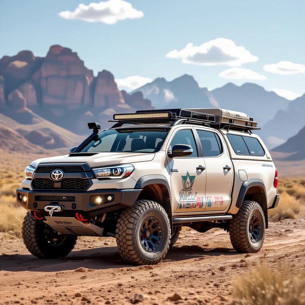 Expedition truck with a low polygon design of a maned wolf in a gradient beige color scheme. Truck is parked on a dirt road in a desert landscape. Mountains visible in the background. Bright daylight highlights the vehicle's features.
