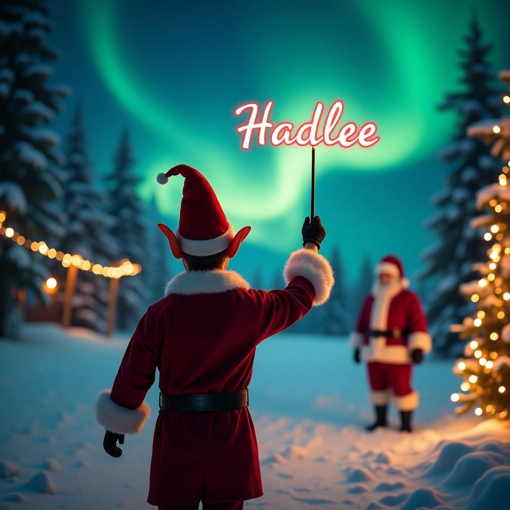 Enchanting classic Christmas scene with an elf raising a wand spelling 'Hadlee'. Northern lights in the sky. Santa Claus in the background. Warm string lights illuminate the serene winter landscape.