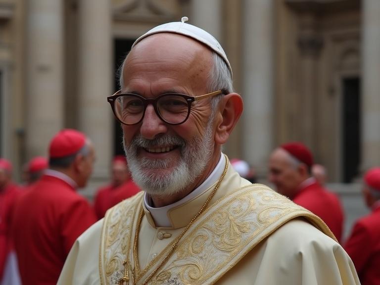 Image features a smiling man aged 55. He has a sparse beard and glasses. He stands in Saint Peter's Basilica. Eight Popes surround him smiling. The ornate altar is in the background. The image is clear and detailed.