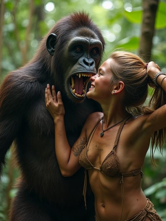 Tanned beautiful tribal blonde warrior girl hugging scary big ape monster in rainforest. She is joyful, tired. Covered in sweat and dirt. Slimy skin, open teethy mouth. Ape's long tongue out. Tattered loincloth. Girl looking at him. Hand behind her head.