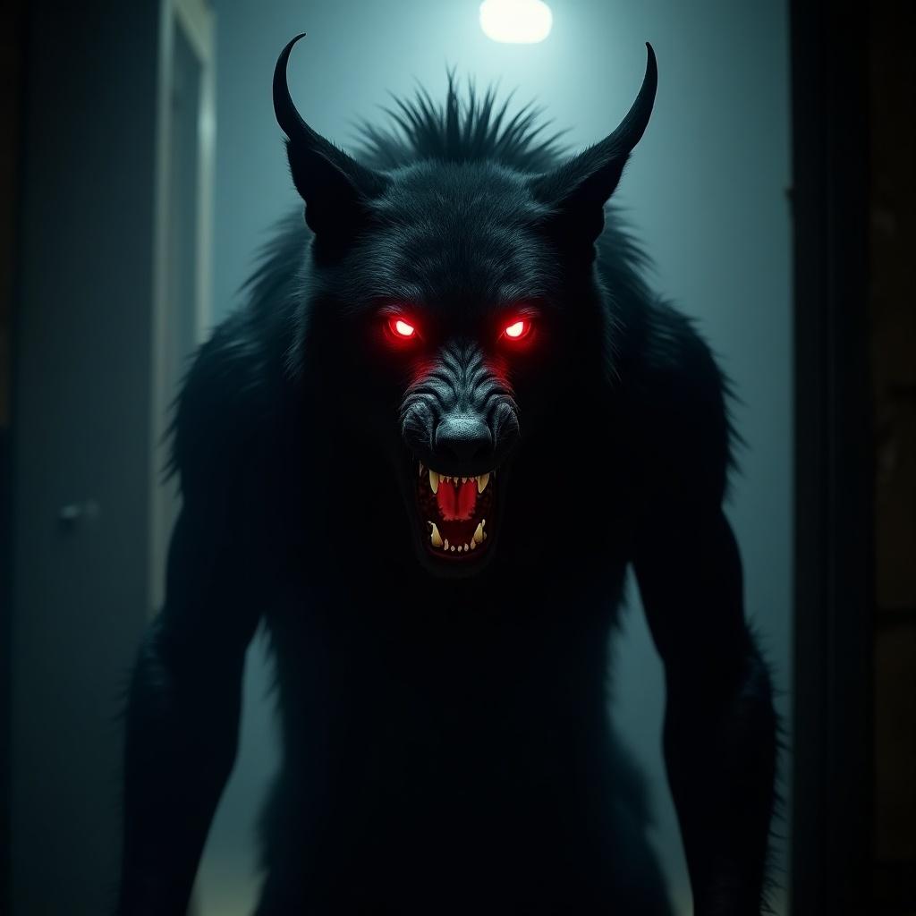 Demon wolf from a horror movie in a dark setting. Eerie atmosphere, glowing red eyes, menacing expression. Strong and muscular with a shadowy background.