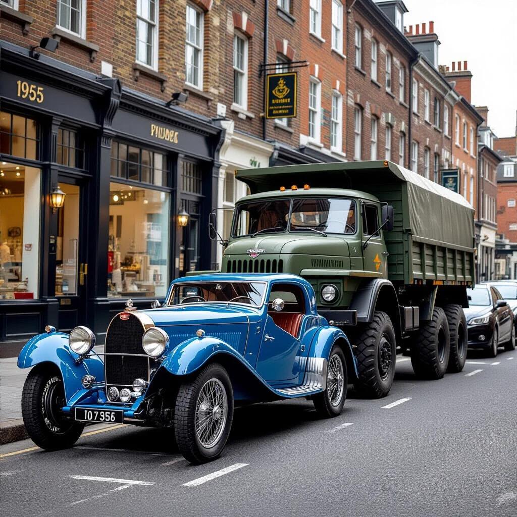 Photorealistic street in Waterloo 2025. Pristine 1924 Bugatti Type 35 in French racing blue parallel-parked. Behind Bugatti is a huge Soviet 6x6 truck with heavy rust and peeling green paint. Short distance between vehicles. Scene shows rain-slicked cobblestones with reflections. Low-angle shot emphasizing different sizes. Street sign visible. Steam from Bugatti's exhaust mingles with oil drips from truck. Taken with Leica SL3 camera. Twilight atmosphere with post-rain mist.