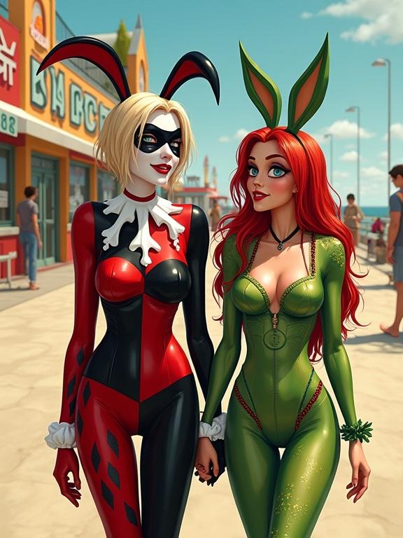 Artwork in the style of Gustav Klimt featuring Harley Quinn and Poison Ivy. Harley in a red and black outfit with bunny ears. Poison Ivy in a green outfit with leaves. They hold hands on a sunny boardwalk. Background includes colorful buildings. Cheerful vibe throughout the image.