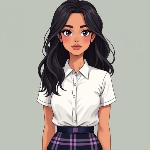 College girl standing in front view. Average height and toned build. Gold-beige skin and black eyes. Shoulder-length raven hair frames her face. Modest breasts and butt. Plucked eyebrows and matte bronze eyeshadow. Enhanced eyelashes with black mascara. Glossy nude lipstick on lips and pink blush on cheeks. Left eyebrow pierced with black steel ring. Fitted white button-up shirt, black and lavender plaid skirt, and navy blue flats.