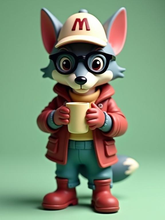 Figurita de zorro antropomórfico de pie, estilo juguete de diseñador, sosteniendo una taza. Pelaje gris claro, hocico blanco, mejillas rosadas. Usa gafas de sol con montura negra, gorra estilo camionero blanca con símbolo vino tinto, chaleco utilitario color vino tinto sobre camisa beige, pantalones azules y botas vino tinto. Fondo verde pastel. Iluminación suave.