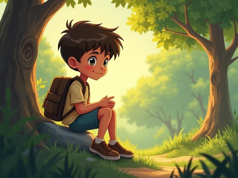 A young boy sits on a rock in a forest. He has wide eyes and an innocent smile. He wears a shirt and shorts with a backpack. Sun rays touch his hand.
