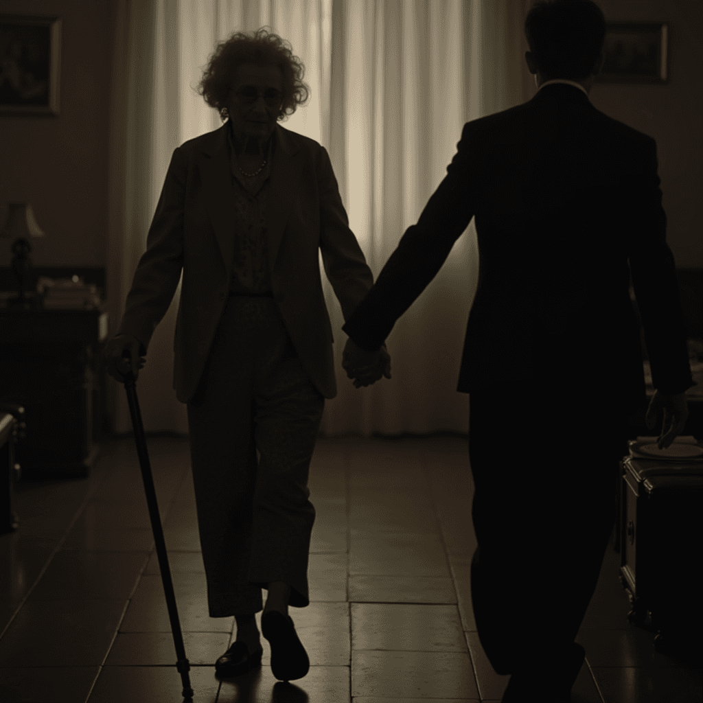 The image depicts an older woman being gently guided by a younger man in a room with subdued lighting. The woman is using a cane in her right hand, suggesting she may need support, while holding the man's hand with her left. She appears to be wearing a stylish outfit, consisting of a light colored shirt, and a dark blazer or cardigan. The man, dressed in a dark formal suit, is leading her confidently. The softly lit background includes curtains that filter in light, creating a warm and intimate ambiance. Artworks can be seen faintly hung on the walls, adding a touch of decor to the scene.