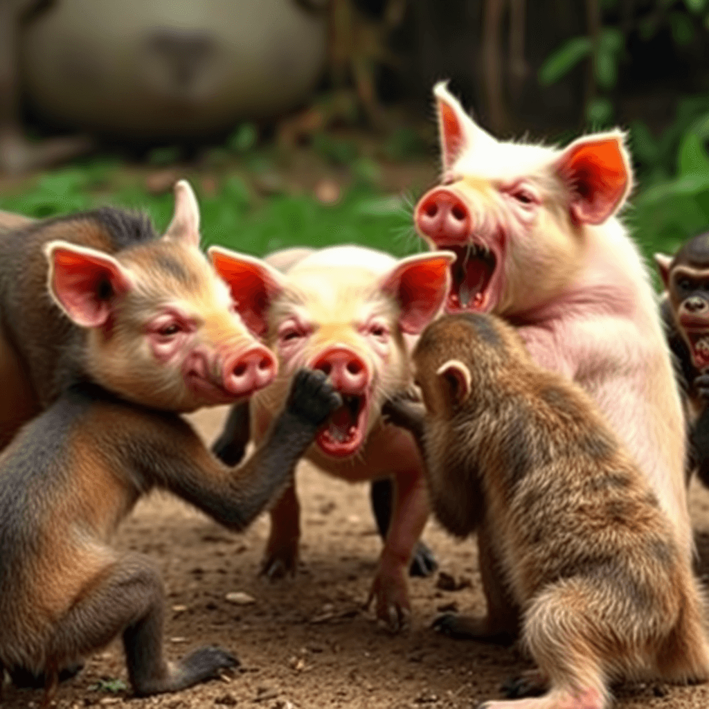 Piglets and baby monkeys interact playfully on a dusty ground.