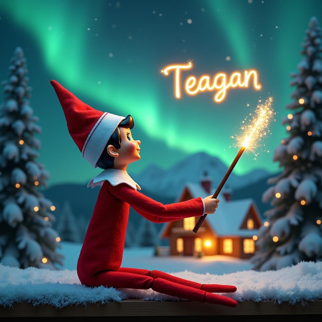 Elf on the shelf sits on the ground gazing skyward. Elf holds a sparkling wand. Colorful northern lights swirl in the background. Cozy house in the distance is decorated for the holidays. Ground is covered with snow. Scene embodies the magic of Christmas.