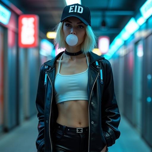 Photo of young woman in futuristic urban setting. She has light skin and short blonde hair. Blowing bubblegum. Wears black cap with EID letters. Outfits include white crop top and black leather jacket. Jackets slightly open, revealing midriff. Tight black shorts and shiny pantyhose. Background has dark corridor with neon lights. Artificial lighting creates cyberpunk atmosphere. Medium close-up shot focuses on upper body. Shallow depth of field blurs background. High aesthetic quality with sharp details.
