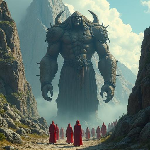 A gigantic humanoid figure bound in chains to a mountain, being worshipped by red-robed worshippers. A group of people stands in awe in front of the monumental structure. The scene conveys a dark, atmospheric fantasy world.