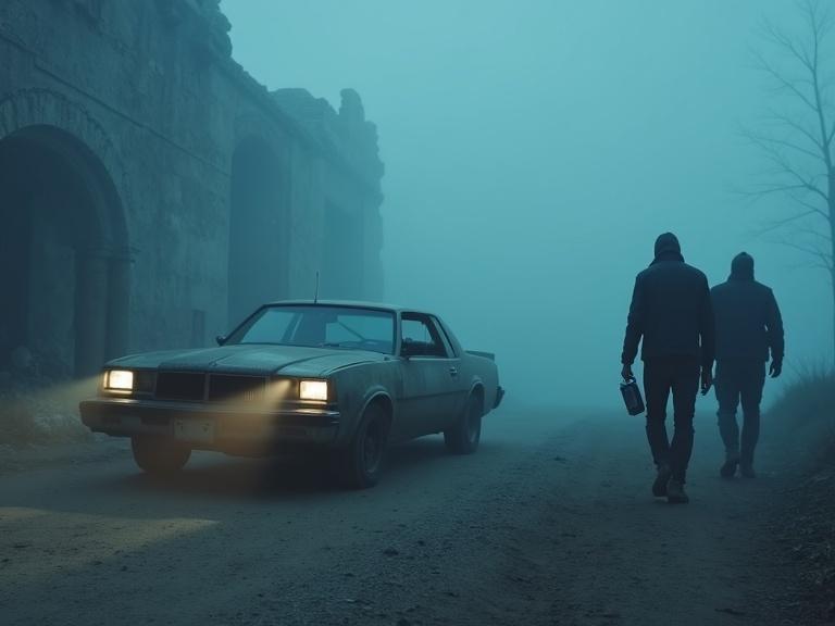 A dusty 1980s car parked outside ruins. Headlights cut through fog. Two figures step out with cameras and audio gear. Blue-gray tones create a mysterious atmosphere.