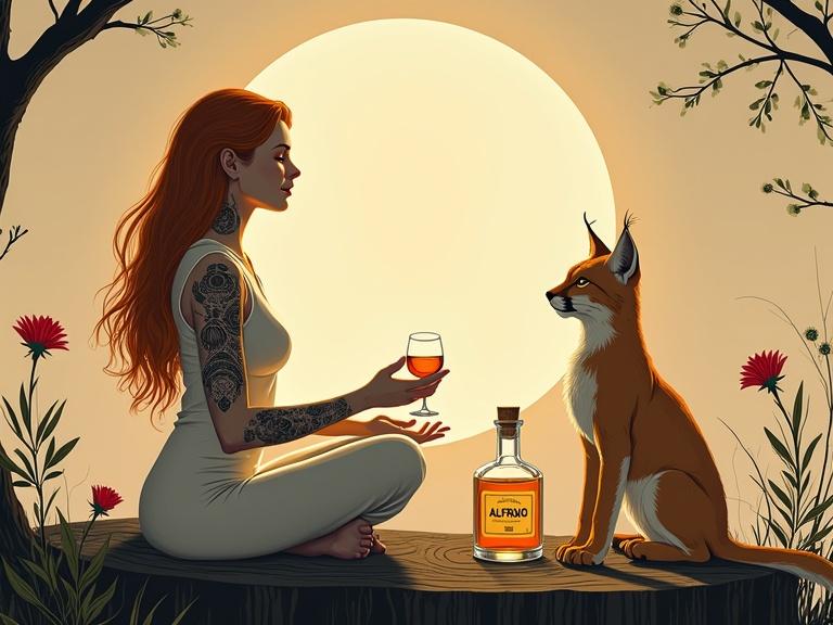 Minimalist portrait of a modern goddess in a moonlit forest. Goddess has delicate tattoos and flowing golden-reddish hair. She is toasting with a cocktail liqueur glass. An apothecary bottle labeled 'ALFRUNO' sits on a tree stump. The scene features a lynx observing. Bold black outlines against a beige background.