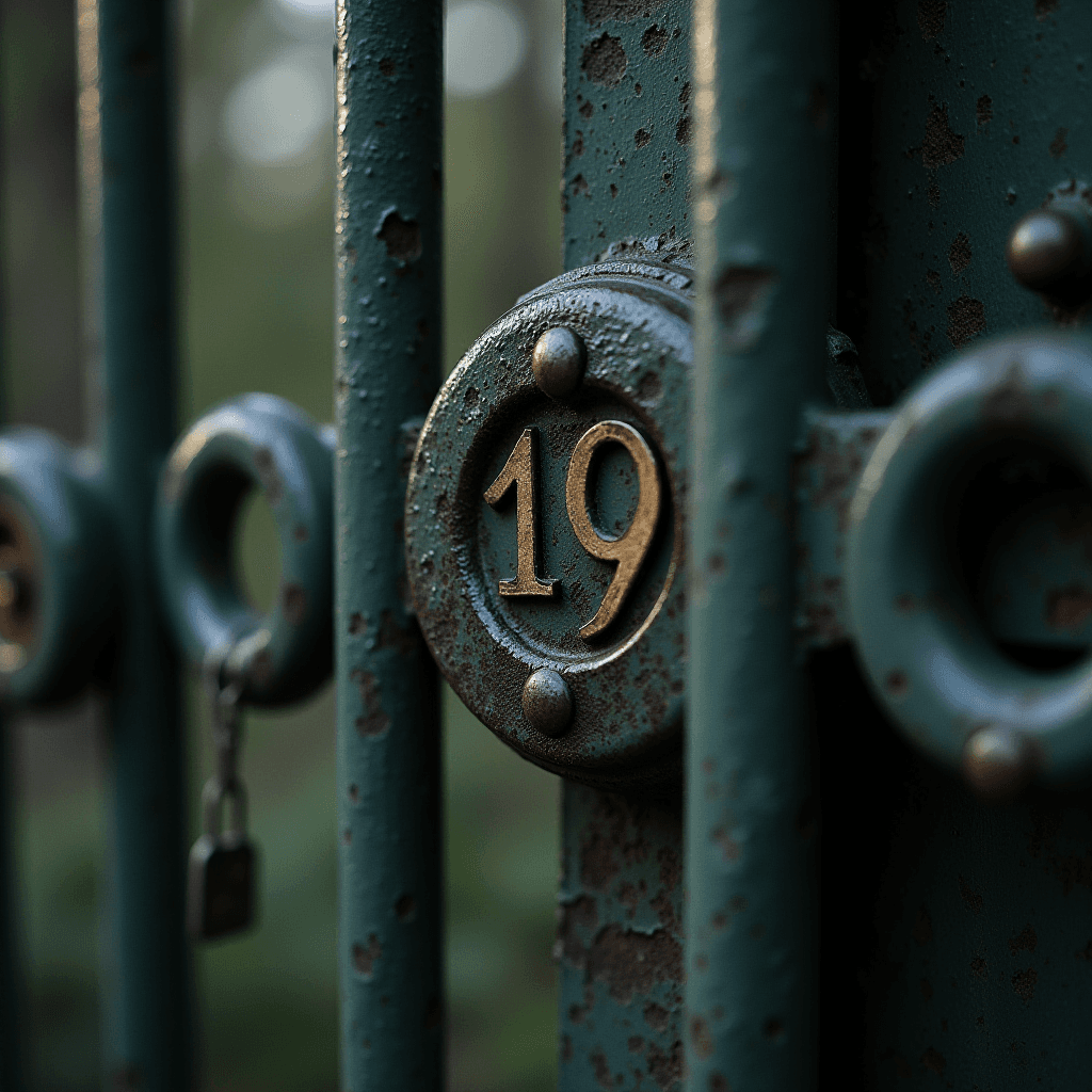 The image showcases a close-up view of a metal gate with a prominently displayed number '19'. The gate features a weathered, greenish-blue patina, adding a rustic yet charming appearance. The number '19' is embossed in brass or similar metallic material, providing a striking contrast against the aged surface. Some elements of the gate are circular in design, contributing to an aesthetically pleasing composition. The background is slightly blurred, suggesting a setting likely in a garden or park, as indicated by the hint of greenery. This results in a serene and mysterious ambiance, possibly hinting at an entrance to a home or a private property.